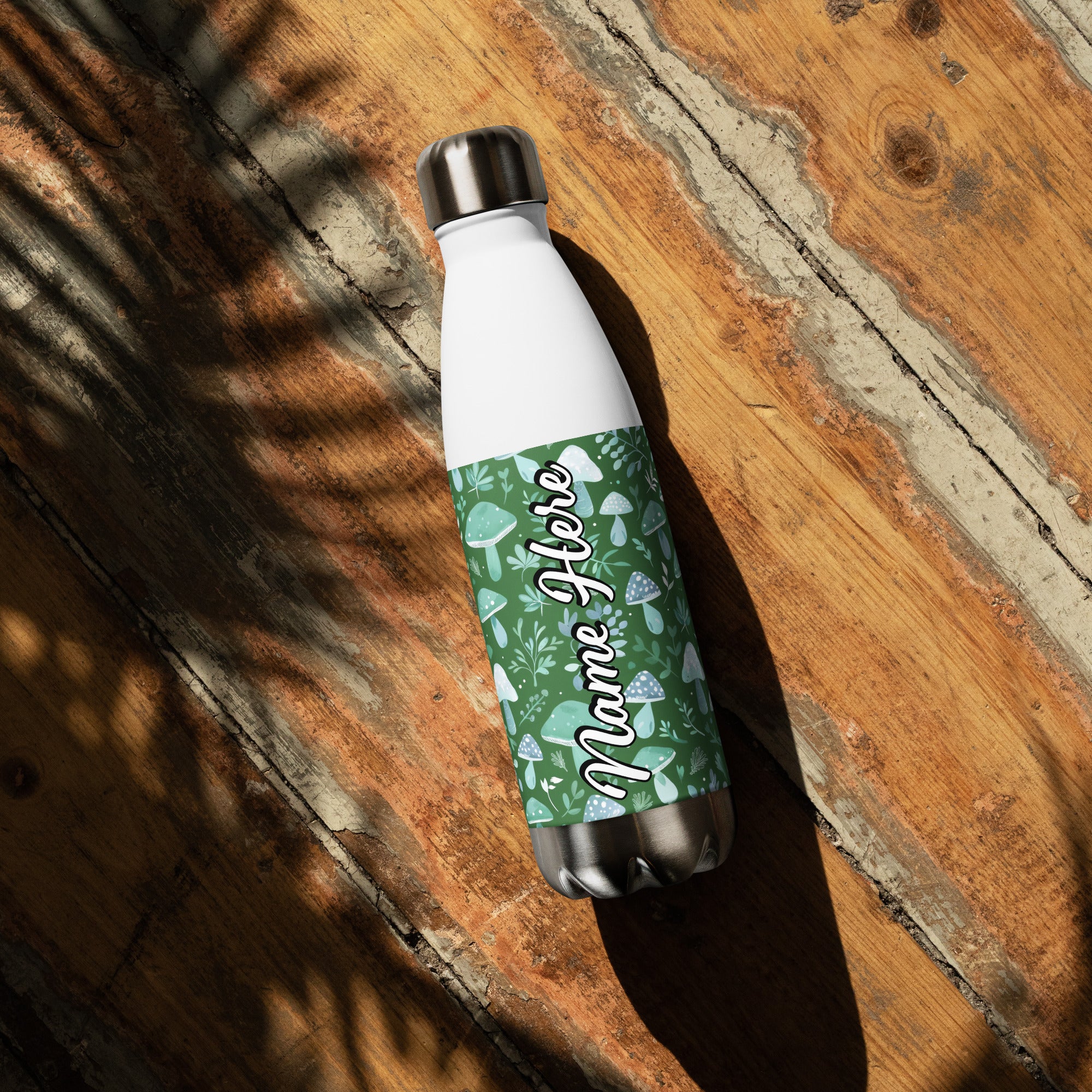 Custom Name Mushroom Steel Water Bottle, Personalized Fungi Bottle, Toadstool Enthusiast Gift, Personalized Water Canteen For Cottage Lover